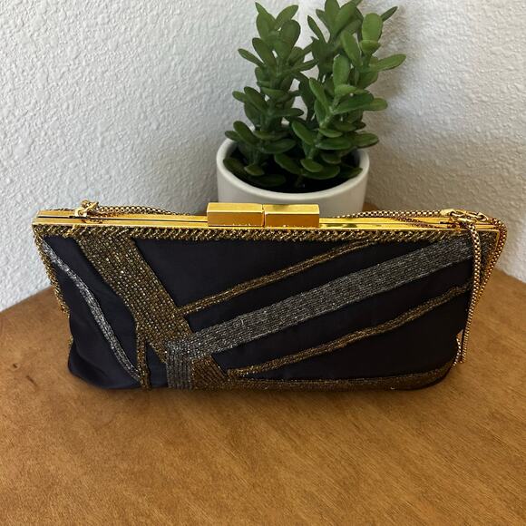 Vintage Black, Gold & Silver Beaded small handbag Kiss lock Winter Formal Date - Picture 2 of 11